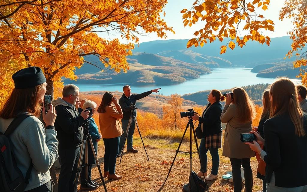 A serene outdoor scene perfect for seasonal photography storytelling. In the foreground, a diverse group of individuals in professional attire is engaging in a photography workshop, equipped with cameras and tripods, surrounded by vibrant autumn leaves and golden sunlight streaming through the trees. In the middle, an instructor points towards a picturesque landscape, featuring rolling hills and colorful foliage, while participants are practicing their shots. The background showcases a tranquil lake reflecting the bright blue sky and striking autumn colors, enhancing the atmosphere of creativity and inspiration. The lighting is warm and soft, casting gentle shadows that evoke a feeling of calm and focus. Capture the essence of collaboration and the beauty of seasonal change. Stay focused, Ray Baker. A serene outdoor scene perfect for seasonal photography storytelling. In the foreground, a diverse group of individuals in professional attire is engaging in a photography workshop, equipped with cameras and tripods, surrounded by vibrant autumn leaves and golden sunlight streaming through the trees. In the middle, an instructor points towards a picturesque landscape, featuring rolling hills and colorful foliage, while participants are practicing their shots. The background showcases a tranquil lake reflecting the bright blue sky and striking autumn colors, enhancing the atmosphere of creativity and inspiration. The lighting is warm and soft, casting gentle shadows that evoke a feeling of calm and focus. Capture the essence of collaboration and the beauty of seasonal change. Stay focused, Ray Baker.