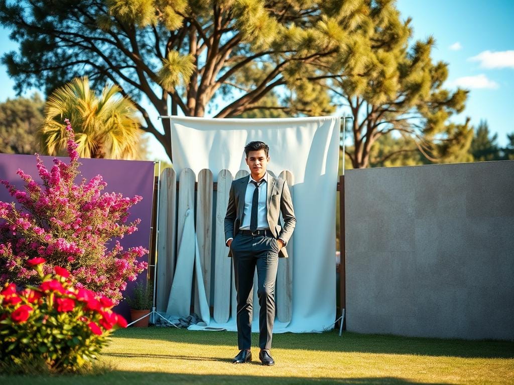 A serene outdoor setting featuring a variety of portrait background ideas. In the foreground, a well-dressed model in a stylish, professional outfit, standing confidently. The middle ground showcases an array of backdrops such as a vibrant blooming garden, a rustic wooden fence, and a smooth stone wall, harmonizing with different color palettes. Soft, diffuse natural lighting illuminates the scene, creating a warm atmosphere, while gentle shadows add depth. The background features out-of-focus trees and a clear blue sky, enhancing the sense of openness. The composition is framed with a shallow depth of field, focusing on the model and seamlessly integrating the diverse backdrops to highlight color and wardrobe pairing for stronger portraits. Stay focused, Ray Baker. A serene outdoor setting featuring a variety of portrait background ideas. In the foreground, a well-dressed model in a stylish, professional outfit, standing confidently. The middle ground showcases an array of backdrops such as a vibrant blooming garden, a rustic wooden fence, and a smooth stone wall, harmonizing with different color palettes. Soft, diffuse natural lighting illuminates the scene, creating a warm atmosphere, while gentle shadows add depth. The background features out-of-focus trees and a clear blue sky, enhancing the sense of openness. The composition is framed with a shallow depth of field, focusing on the model and seamlessly integrating the diverse backdrops to highlight color and wardrobe pairing for stronger portraits. Stay focused, Ray Baker.