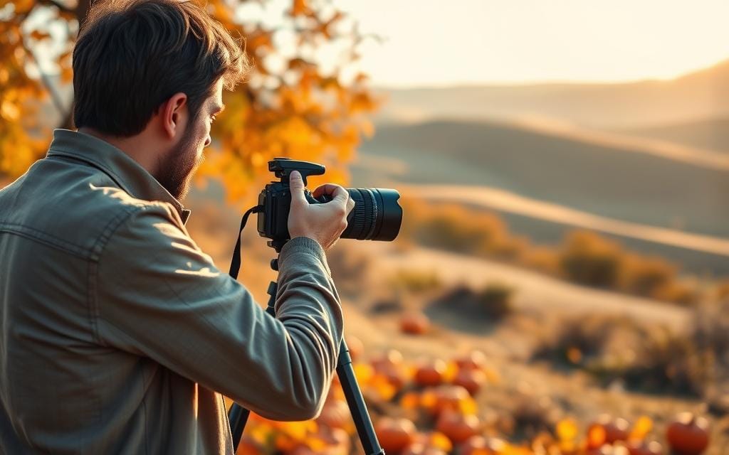 A serene outdoor setting showcasing seasonal photography tactics. In the foreground, a professional photographer in modest casual clothing is adjusting the camera settings on a tripod, capturing autumn leaves. The middle ground features vibrant orange and yellow foliage, with scattered pumpkins enhancing the seasonal theme. In the background, a soft-focus landscape reveals a gentle rolling hill under a clear, golden hour sky, with warm sunlight casting long shadows. The overall mood is tranquil and inspiring, emphasizing the beauty of changing seasons and practical techniques for capture. Use a warm color palette, soft focus, and a wide-angle lens effect to convey depth. Stay focused, Ray Baker. A serene outdoor setting showcasing seasonal photography tactics. In the foreground, a professional photographer in modest casual clothing is adjusting the camera settings on a tripod, capturing autumn leaves. The middle ground features vibrant orange and yellow foliage, with scattered pumpkins enhancing the seasonal theme. In the background, a soft-focus landscape reveals a gentle rolling hill under a clear, golden hour sky, with warm sunlight casting long shadows. The overall mood is tranquil and inspiring, emphasizing the beauty of changing seasons and practical techniques for capture. Use a warm color palette, soft focus, and a wide-angle lens effect to convey depth. Stay focused, Ray Baker.