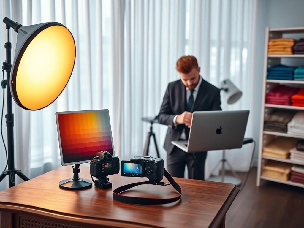 A serene photography studio set up for a white balance demonstration. In the foreground, an elegant wooden table with a DSLR camera and a color checker chart placed beside a spectral light source emitting warm and cool tones. The middle layer features a professional photographer in smart casual attire, intently adjusting the camera settings while observing the display on a laptop showing color temperature readings. In the background, soft diffused light filters through sheer curtains, giving a calm, inviting atmosphere. Colorful samples of various materials, like fabric and paper, are neatly arranged on shelves, showcasing the importance of accurate white balance in photography. The overall mood is educational and focused, encouraging viewers to learn about achieving natural colors in their images. Stay focused, Ray Baker.