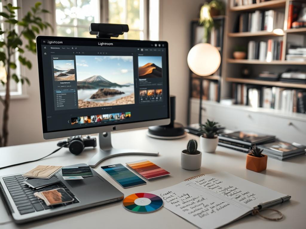 A serene photography workspace featuring a computer monitor displaying Lightroom presets open in an editing session, showing subtle adjustments to a beautiful landscape image. In the foreground, a sleek laptop sits next to a delicate arrangement of editing tools like color swatches, a color wheel, and a notepad with handwritten notes on creating natural tones. In the middle ground, a well-organized desk with a small cactus and a soft light illuminating the workspace conveys a warm and inviting atmosphere. The background includes a softly blurred window with natural light spilling in, hints of green trees outside, and shelves filled with photography books, enhancing the creative vibe. The mood is focused and professional, embodying the essence of building a photo editing routine that emphasizes natural beauty. Stay focused, Ray Baker.