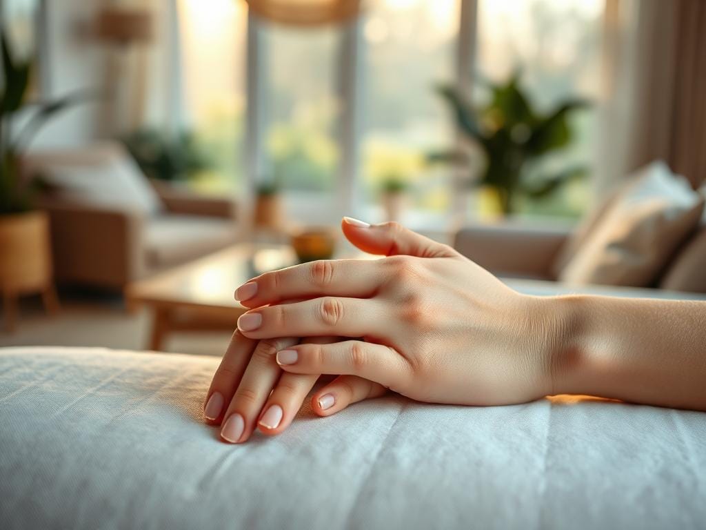 A serene portrait of two hands elegantly intertwined, showcasing relaxed and natural poses. The foreground features the hands resting gently on a soft, textured surface to evoke a sense of calm. In the middle ground, a blurred view of a softly-lit, inviting environment hints at a cozy setting, perhaps a stylish living room or a sun-drenched garden. The background remains out of focus, maintaining a warm, tranquil ambiance with diffused light gently illuminating the scene from a nearby window. Capture the essence of ease and comfort, emphasizing the natural interaction between the hands, while ensuring a professional and polished appearance. The lighting should be soft, akin to golden hour, highlighting the textures and details without harsh shadows. Stay focused, Ray Baker.