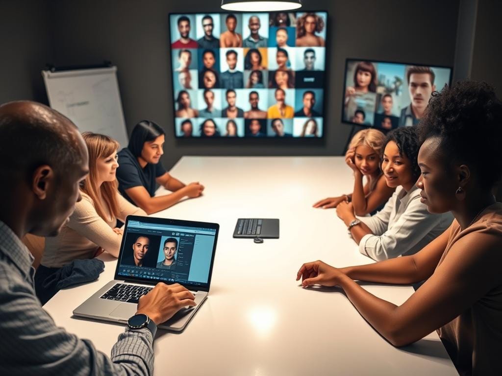 A serene portrait setup depicting a diverse group of people with varying skin tones, seated around a bright, well-lit table, engaged in an editing session. In the foreground, a professional, focused individual adjusts color correction settings on a laptop, showcasing vibrant skin tone adjustments. The middle area features close-ups of their faces displaying natural, perfectly balanced skin tones, free from casts, under soft, diffused lighting to emphasize texture and warmth. In the background, an assortment of images on a screen illustrates various skin tone issues, offering a glimpse of common pitfalls. The atmosphere is collaborative and educational, conveying a sense of improvement and professionalism. Stay focused, Ray Baker.