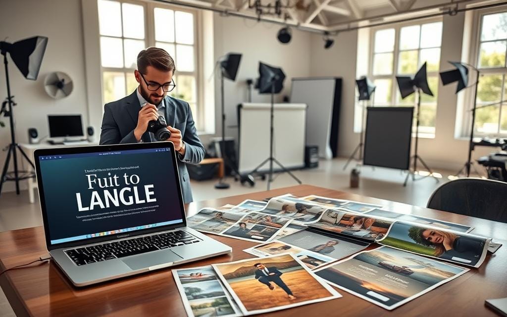 A serene workspace filled with vibrant visuals, showcasing a diverse range of stunning photography. In the foreground, a sleek laptop displays an eye-catching ad design with elegant fonts and a bold call-to-action. Nearby, a professional photographer in smart casual attire is thoughtfully reviewing the ad, with a camera at hand. In the middle, a variety of printed ads lay scattered across a designer table, highlighting different styles and themes, such as portraits, landscapes, and events. The background features a well-lit photo studio, adorned with softboxes and backdrops, creating a warm and inviting atmosphere. Natural light filters through large windows, casting gentle shadows and enhancing the creativity of the scene. Stay focused, Ray Baker.