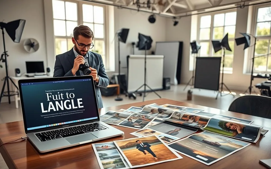 A serene workspace filled with vibrant visuals, showcasing a diverse range of stunning photography. In the foreground, a sleek laptop displays an eye-catching ad design with elegant fonts and a bold call-to-action. Nearby, a professional photographer in smart casual attire is thoughtfully reviewing the ad, with a camera at hand. In the middle, a variety of printed ads lay scattered across a designer table, highlighting different styles and themes, such as portraits, landscapes, and events. The background features a well-lit photo studio, adorned with softboxes and backdrops, creating a warm and inviting atmosphere. Natural light filters through large windows, casting gentle shadows and enhancing the creativity of the scene. Stay focused, Ray Baker.