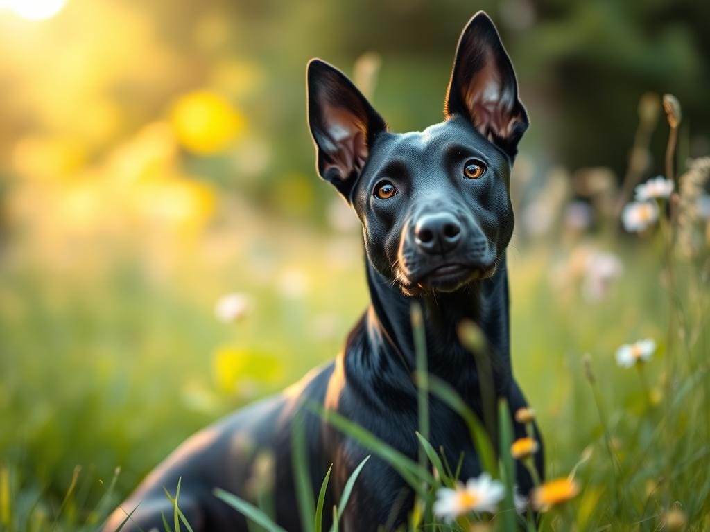 A sleek black dog with a shiny coat sits attentively in the foreground, ears perked and eyes bright with curiosity, capturing a moment of engagement for the viewer. The dog is framed against a soft-focus natural background of green grass and wildflowers, enhancing the serene atmosphere. The lighting is natural, with the golden glow of early morning sunlight filtering through the trees, creating a warm and inviting ambiance. Use a shallow depth of field to emphasize the dog's expression, while softly blurring the background. Capture the image from a low angle, allowing the viewer to connect with the dog's perspective. The mood is calm yet energetic, showcasing the dog’s spirited personality while illustrating the challenges of photographing pets that are full of life. Stay focused, Ray Baker. A sleek black dog with a shiny coat sits attentively in the foreground, ears perked and eyes bright with curiosity, capturing a moment of engagement for the viewer. The dog is framed against a soft-focus natural background of green grass and wildflowers, enhancing the serene atmosphere. The lighting is natural, with the golden glow of early morning sunlight filtering through the trees, creating a warm and inviting ambiance. Use a shallow depth of field to emphasize the dog's expression, while softly blurring the background. Capture the image from a low angle, allowing the viewer to connect with the dog's perspective. The mood is calm yet energetic, showcasing the dog’s spirited personality while illustrating the challenges of photographing pets that are full of life. Stay focused, Ray Baker.