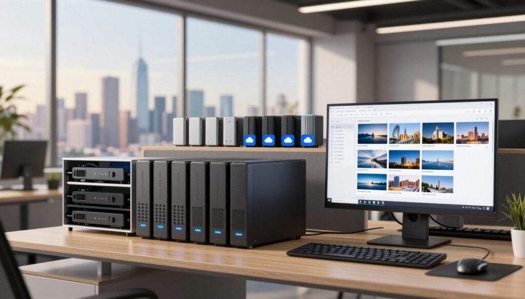 A sleek, modern office space in the foreground, featuring a large desk with high-tech storage devices like NAS systems and SSDs, glowing softly to indicate speed and efficiency. A computer screen displays organized digital images, showcasing a seamless photo management workflow. In the middle ground, shelves filled with neatly organized external drives and cloud storage icons project a sense of order and professionalism. The background features a panoramic city skyline through large windows, bathed in warm, natural sunlight, creating an inviting atmosphere. Use a sharp focus with a slight depth of field to emphasize the storage technology. The overall mood should convey innovation, productivity, and a sense of reliability in modern photo storage solutions. Stay focused, Ray Baker. A sleek, modern office space in the foreground, featuring a large desk with high-tech storage devices like NAS systems and SSDs, glowing softly to indicate speed and efficiency. A computer screen displays organized digital images, showcasing a seamless photo management workflow. In the middle ground, shelves filled with neatly organized external drives and cloud storage icons project a sense of order and professionalism. The background features a panoramic city skyline through large windows, bathed in warm, natural sunlight, creating an inviting atmosphere. Use a sharp focus with a slight depth of field to emphasize the storage technology. The overall mood should convey innovation, productivity, and a sense of reliability in modern photo storage solutions. Stay focused, Ray Baker.