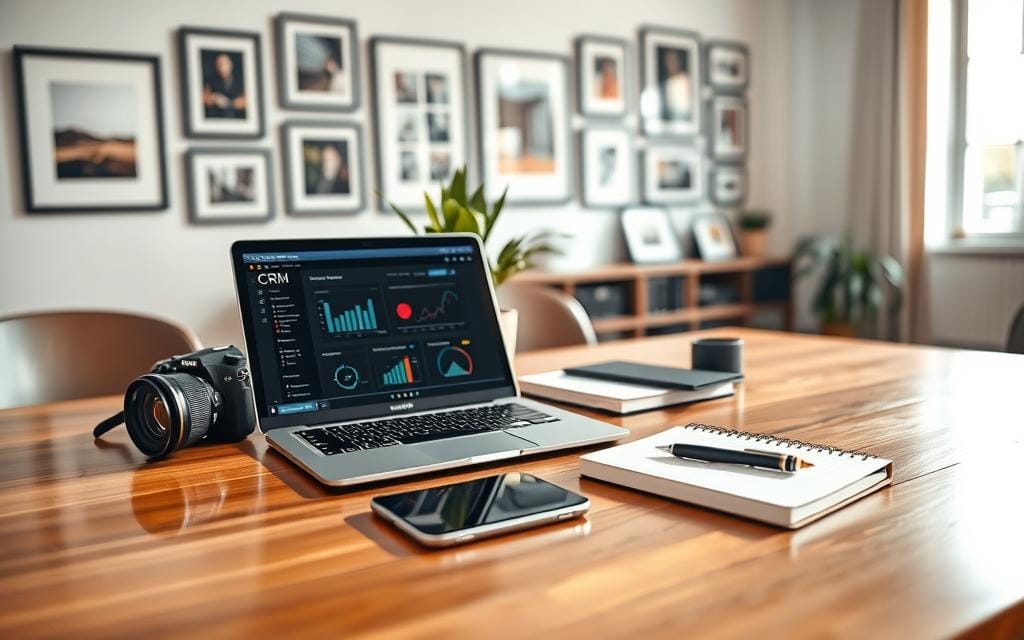 A sleek, modern photography workspace, featuring automation tools on a polished wooden desk. In the foreground, an open laptop displays CRM software with charts and notifications, surrounded by a smartphone and a camera. In the middle, a potted plant adds a touch of greenery, while an elegant notebook and pen suggest organization and planning. The background shows a soft-focus gallery wall with framed photographs, conveying creativity and professionalism. Bright, natural light filters through a nearby window, casting warm, inviting shadows. Capture a balanced composition from a slight angle to emphasize depth and focal points. The overall mood is one of productivity and innovation in the photography business. Stay focused, Ray Baker.