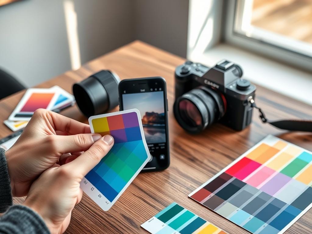 A sleek modern smartphone and a compact mirrorless camera sit on a wooden table, surrounded by various color swatches and a color chart, emphasizing white balance. In the foreground, a hand holding a color calibration card demonstrates practical phone tips for accurate color capture. The middle ground features the smartphone screen displaying a vibrant photo with well-balanced colors, while the camera, slightly out of focus, showcases adjustable white balance settings. In the background, soft natural light filters through a nearby window, casting gentle shadows and enhancing the warm atmosphere. The scene conveys a sense of professionalism and creativity, ideal for enthusiasts looking to improve their photography on the go. Stay focused, Ray Baker.