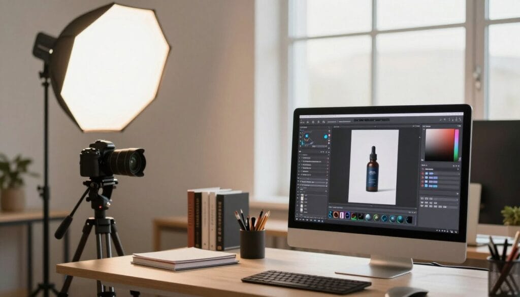 A sleek, modern workspace dedicated to product photography post-processing. In the foreground, a computer screen displays an editing software interface with vivid product images being adjusted; tools like curves and filters are visible. The middle shows a well-organized workspace with a high-resolution camera on a tripod, softbox lighting casting gentle, even illumination, highlighting the subject's details. Background elements include neatly arranged editing books and a large window allowing soft natural light to fill the room, creating an inviting atmosphere. A color palette featuring warm tones adds a professional yet cozy charm. The overall mood is efficient and inspiring, reflecting a streamlined workflow for achieving professional results in product photography. Stay focused, Ray Baker.