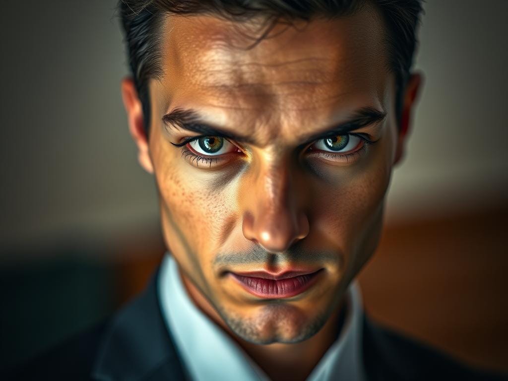 A stunning close-up portrait of a person with sharp, attentive eyes, the focal point of the image. The subject, dressed in professional business attire, gazes directly into the camera with a piercing look that conveys confidence and depth. Set against a softly blurred background of muted colors, enhancing the focus on the subject’s expressive eyes. The lighting is dramatic yet soft, highlighting the contours of the face and creating a warm, inviting atmosphere. Shot with a 50mm lens to capture fine details, the angle is slightly below eye level, emphasizing the sharpness and clarity of the eyes. The overall mood exudes professionalism and intrigue, illustrating the importance of eye detail in portrait photography. Stay focused, Ray Baker.