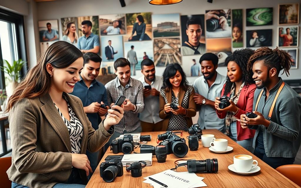 A vibrant and dynamic scene depicting a diverse group of photographers gathered in a cozy, stylish café. In the foreground, a young woman in professional casual attire shares her smartphone, showcasing her recent work to an engaged audience. Surrounding her, a mixture of men and women, of various ethnic backgrounds, are discussing their cameras and techniques, with warm expressions on their faces. The middle layer features a large table strewn with cameras, notebooks, and coffee cups, emphasizing collaboration and creativity. In the softly lit background, the café’s walls are adorned with inspiring photography from different genres, enhancing the supportive atmosphere. The overall mood is encouraging and uplifting, with soft, natural lighting streaming through large windows, inviting you into this inspiring community. Stay focused, Ray Baker.