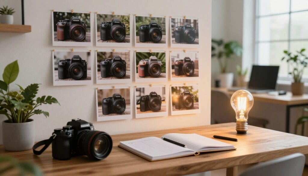 A vibrant and engaging workspace dedicated to photography improvement, featuring a stylish wooden desk in the foreground laden with a camera, a notebook with a neatly arranged 7-day action plan, and a glowing light bulb for inspiration. In the middle, a wall filled with pinned photographs showcasing before-and-after photography techniques under warm, natural lighting, highlighting the concept of gradual improvement. The background reveals an inviting home office with soft-focus plants and a large window allowing soft daylight to flood the room, creating a motivational atmosphere. Capture a sense of excitement and creativity in this inviting space, ideally suited for aspiring photographers. Stay focused, Ray Baker. A vibrant and engaging workspace dedicated to photography improvement, featuring a stylish wooden desk in the foreground laden with a camera, a notebook with a neatly arranged 7-day action plan, and a glowing light bulb for inspiration. In the middle, a wall filled with pinned photographs showcasing before-and-after photography techniques under warm, natural lighting, highlighting the concept of gradual improvement. The background reveals an inviting home office with soft-focus plants and a large window allowing soft daylight to flood the room, creating a motivational atmosphere. Capture a sense of excitement and creativity in this inviting space, ideally suited for aspiring photographers. Stay focused, Ray Baker.