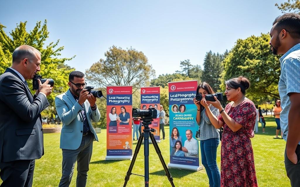 A vibrant, collaborative outdoor photography scene set in a sunny local park. In the foreground, a diverse group of three photographers, dressed in professional business attire and modest casual clothing, are enthusiastically discussing their cameras and composition techniques while standing around a tripod. In the middle ground, colorful banners display networking information about local photography events, with a couple of onlookers engaging. In the background, lush green trees and a clear blue sky enhance the atmosphere of creativity and partnership. The soft, natural lighting creates a warm and inviting mood, capturing a moment of unity and shared passion for photography. Use a wide-angle lens to emphasize the collaborative spirit. Stay focused, Ray Baker.