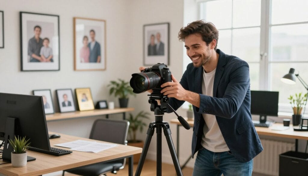 A vibrant, engaging workspace depicting a budding photography business. In the foreground, a friendly photographer in professional attire, possibly a smart blazer and jeans, is enthusiastically setting up a camera on a tripod, showcasing a high-quality DSLR lens. The middle ground features a cozy office space adorned with framed family portraits and photography awards, promoting a warm and inviting atmosphere. In the background, a bright window lets in soft, natural light, highlighting the importance of good lighting in photography. The overall mood is inspiring and motivating, inviting onlookers to envision their potential in the photography business. The scene is captured in a balanced composition with an inviting angle, focusing on the photographer's passion. Stay focused, Ray Baker.