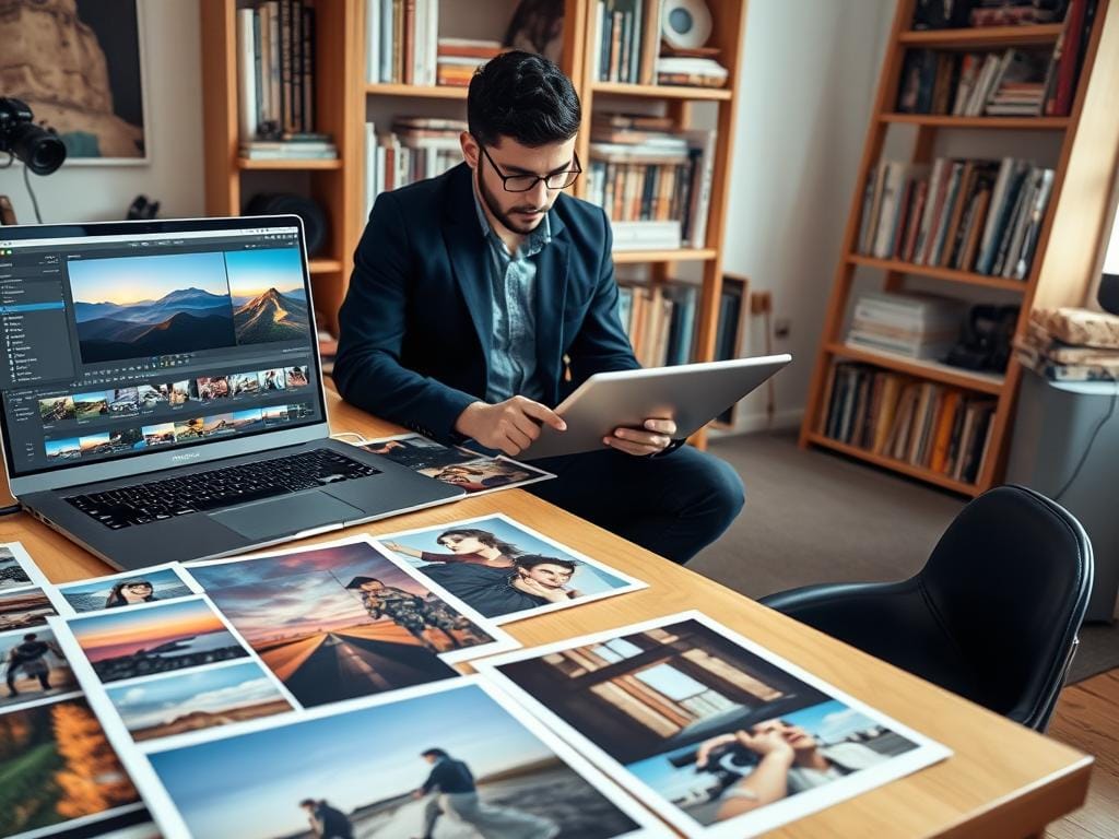A vibrant photography workspace showcasing a professional photographer's editing process. In the foreground, a sleek laptop displays an editing software interface with colorful images in varying stages of editing, emphasizing color grading. Beside it, an array of printed photos, featuring landscapes, portraits, and street photography, all exhibiting a consistent color palette, is organized neatly. In the middle ground, a creative professional, dressed in smart casual attire, intently reviews a photo on the laptop, reflecting a focused, creative atmosphere. The background features a well-organized bookshelf filled with photography books and inspiration, with soft, natural light coming from a nearby window, creating a warm and inviting mood. Stay focused, Ray Baker.