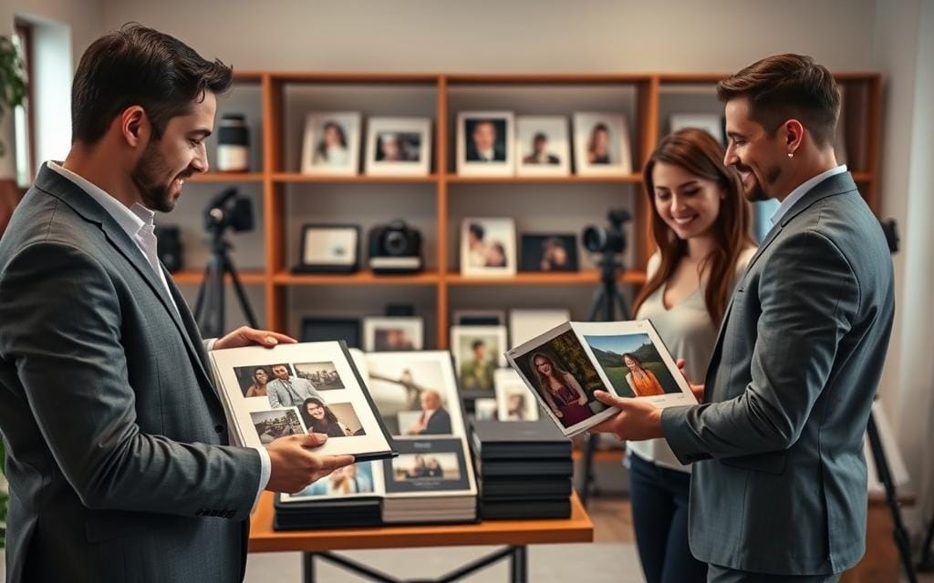 A visually appealing studio setting showcasing a professional photographer presenting elegant photo albums to a couple. In the foreground, the couple examines a beautifully crafted photo album, visibly engaged and smiling, dressed in modest business casual attire. The middle ground features an elegantly arranged display of various photo albums, highlighting different cover designs and textures. Soft, diffused lighting casts a warm ambiance, with hints of natural light coming from a nearby window, creating an inviting atmosphere. In the background, shelves lined with more photo albums and photography equipment subtly emphasize the photography theme. The overall mood conveys encouragement and inspiration, focusing on effective upselling strategies in photography. Stay focused, Ray Baker.