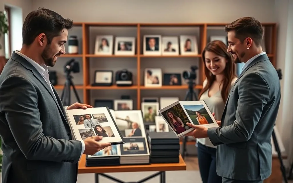 A visually appealing studio setting showcasing a professional photographer presenting elegant photo albums to a couple. In the foreground, the couple examines a beautifully crafted photo album, visibly engaged and smiling, dressed in modest business casual attire. The middle ground features an elegantly arranged display of various photo albums, highlighting different cover designs and textures. Soft, diffused lighting casts a warm ambiance, with hints of natural light coming from a nearby window, creating an inviting atmosphere. In the background, shelves lined with more photo albums and photography equipment subtly emphasize the photography theme. The overall mood conveys encouragement and inspiration, focusing on effective upselling strategies in photography. Stay focused, Ray Baker. A visually appealing studio setting showcasing a professional photographer presenting elegant photo albums to a couple. In the foreground, the couple examines a beautifully crafted photo album, visibly engaged and smiling, dressed in modest business casual attire. The middle ground features an elegantly arranged display of various photo albums, highlighting different cover designs and textures. Soft, diffused lighting casts a warm ambiance, with hints of natural light coming from a nearby window, creating an inviting atmosphere. In the background, shelves lined with more photo albums and photography equipment subtly emphasize the photography theme. The overall mood conveys encouragement and inspiration, focusing on effective upselling strategies in photography. Stay focused, Ray Baker.