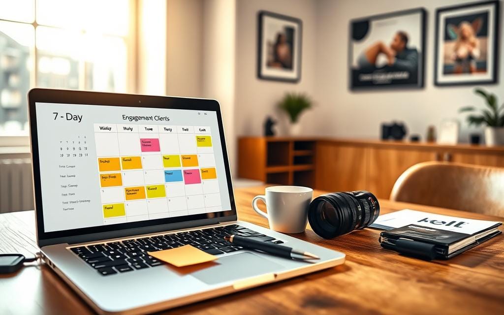 A visually appealing workspace featuring a detailed 7-day engagement plan for photography clients, displayed prominently on a stylish wooden desk. The foreground includes a sleek laptop open to a calendar interface, with colorful sticky notes and a polished pen beside it. In the middle ground, a coffee cup and a camera lens are artistically arranged to enhance the creative atmosphere. The background features soft natural light streaming in through a large window, illuminating the workspace and creating an inviting mood. The scene suggests a professional photography environment, with subtle hints of artful photography hanging on the walls. Overall, the image conveys inspiration, organization, and the potential for sustained client engagement. Stay focused, Ray Baker.