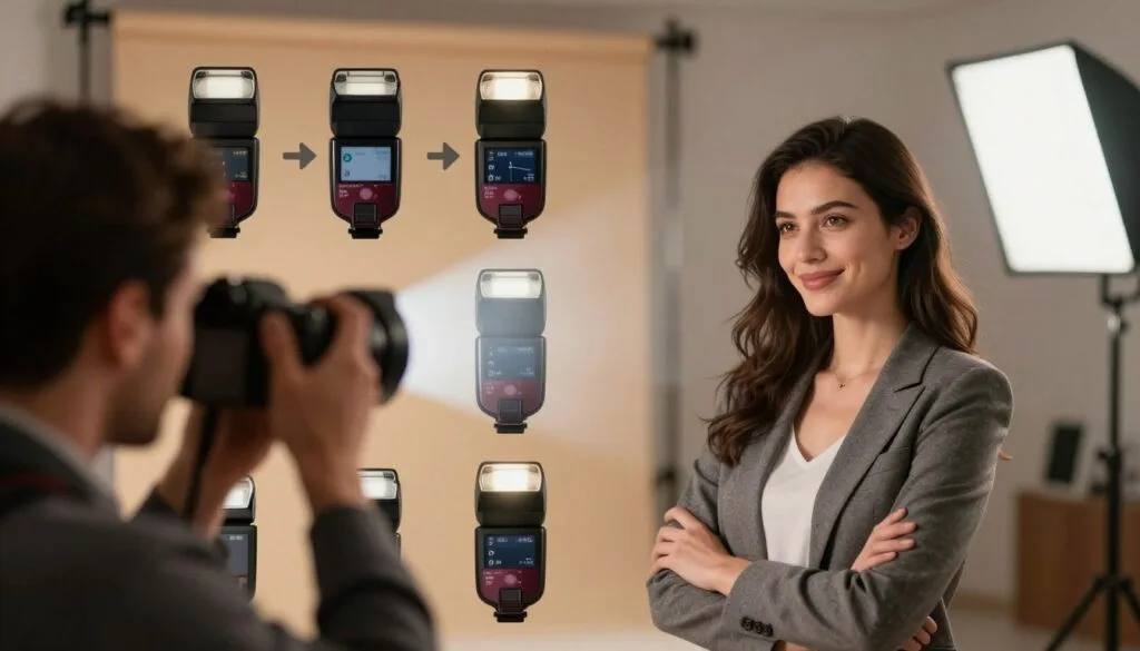A visually engaging composition illustrating flash photography tips for beginners, emphasizing sync modes in action. The foreground features a professional photographer in business attire, capturing a stunning portrait of a model lit by a soft flash. The model stands confidently, showcasing a slight smile, while the flash unit is subtly visible. In the middle ground, various flash settings and sync modes are illustrated with intuitive icons and small images, demonstrating how they affect lighting. The background includes a softly blurred photography studio setting with diffused softbox lights, enhancing the warm and inviting atmosphere. The overall mood is one of creativity and exploration, with a focus on learning and mastering flash techniques. The lighting is balanced, with a soft glow emphasizing the subjects without harsh shadows. Stay focused, Ray Baker. A visually engaging composition illustrating flash photography tips for beginners, emphasizing sync modes in action. The foreground features a professional photographer in business attire, capturing a stunning portrait of a model lit by a soft flash. The model stands confidently, showcasing a slight smile, while the flash unit is subtly visible. In the middle ground, various flash settings and sync modes are illustrated with intuitive icons and small images, demonstrating how they affect lighting. The background includes a softly blurred photography studio setting with diffused softbox lights, enhancing the warm and inviting atmosphere. The overall mood is one of creativity and exploration, with a focus on learning and mastering flash techniques. The lighting is balanced, with a soft glow emphasizing the subjects without harsh shadows. Stay focused, Ray Baker.