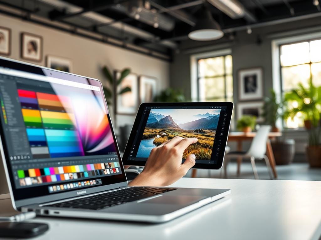 A visually engaging scene depicting practical photo editing tips for beginners. In the foreground, an organized workspace with a laptop displaying advanced photo editing software and various color palettes. The middle layer shows a close-up of a user’s hands working on a digital tablet, skillfully adjusting brightness and contrast on a vibrant nature photo. In the background, a modern, well-lit office space with soft natural light filtering through a large window, showcasing plants and framed photos on the walls. The mood is productive and inspiring, emphasizing creativity and efficiency. The image should be bright and welcoming, with an emphasis on clarity and simplicity. Stay focused, Ray Baker. A visually engaging scene depicting practical photo editing tips for beginners. In the foreground, an organized workspace with a laptop displaying advanced photo editing software and various color palettes. The middle layer shows a close-up of a user’s hands working on a digital tablet, skillfully adjusting brightness and contrast on a vibrant nature photo. In the background, a modern, well-lit office space with soft natural light filtering through a large window, showcasing plants and framed photos on the walls. The mood is productive and inspiring, emphasizing creativity and efficiency. The image should be bright and welcoming, with an emphasis on clarity and simplicity. Stay focused, Ray Baker.
