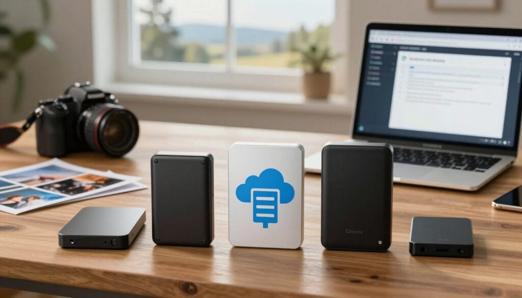 A visually striking and informative representation of the 3-2-1 Backup Rule implementation. In the foreground, three distinct storage methods are shown: an external hard drive, a cloud service symbolized by a data center icon, and a second external drive, all neatly arranged on a wooden desk. The middle ground features a photographer's workspace with a camera, some printed photographs, and a laptop displaying backup software, illuminated by soft, warm lighting to create an inviting atmosphere. In the background, a large window reveals a scenic outdoor view, suggesting the importance of capturing memories. The overall mood is one of careful organization and preparedness. The scene should be well-composed, taken from an eye-level angle using a subtle depth of field effect to emphasize the key elements. Stay focused, Ray Baker. A visually striking and informative representation of the 3-2-1 Backup Rule implementation. In the foreground, three distinct storage methods are shown: an external hard drive, a cloud service symbolized by a data center icon, and a second external drive, all neatly arranged on a wooden desk. The middle ground features a photographer's workspace with a camera, some printed photographs, and a laptop displaying backup software, illuminated by soft, warm lighting to create an inviting atmosphere. In the background, a large window reveals a scenic outdoor view, suggesting the importance of capturing memories. The overall mood is one of careful organization and preparedness. The scene should be well-composed, taken from an eye-level angle using a subtle depth of field effect to emphasize the key elements. Stay focused, Ray Baker.