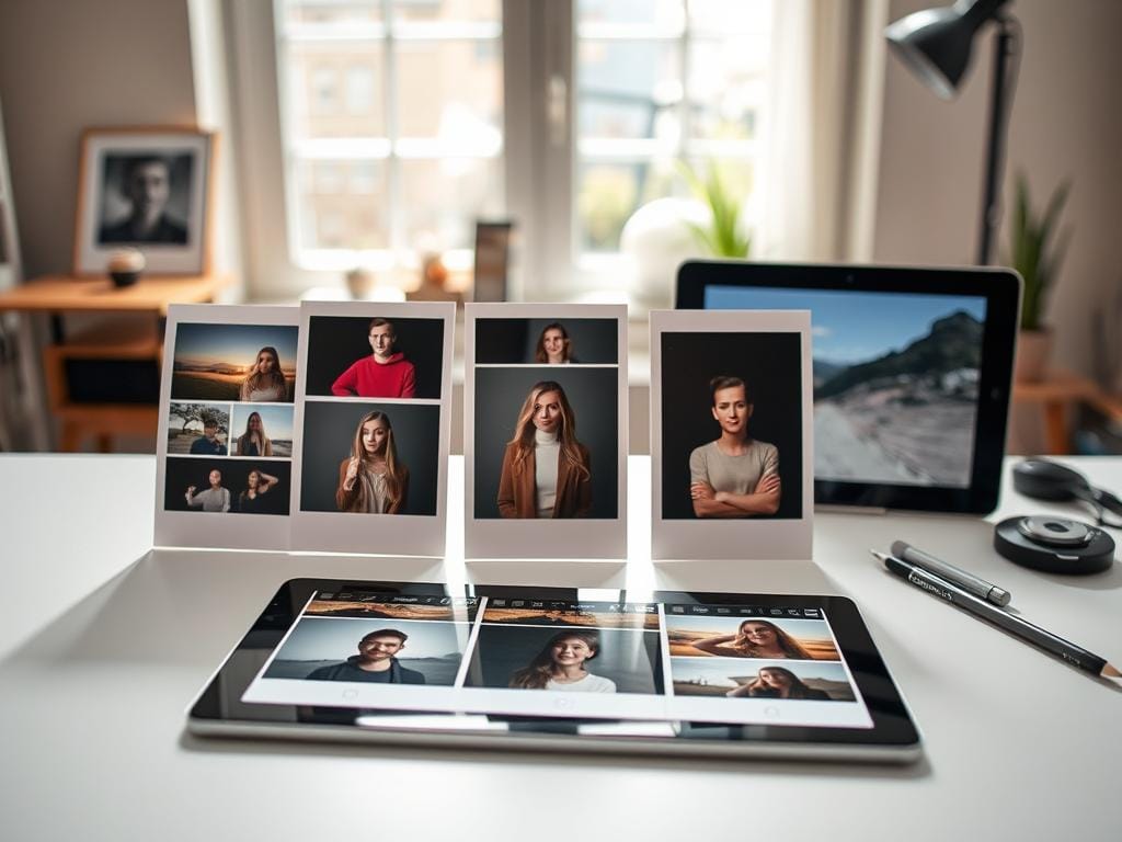 A visually striking composition illustrating "image cropping rules" arranged in three clear layers. In the foreground, a selection of expertly cropped photographs showcasing various framing techniques, including the rule of thirds, leading lines, and centered subjects. The middle ground features a creative workspace with graphic design tools, including a digital tablet and a stylus, suggesting technical precision in image manipulation. The background includes soft-focused elements like a light-filled studio window and subtle hints of greenery outside, conveying a professional yet inviting atmosphere. The lighting is bright and natural, casting soft shadows, while a slight angle gives depth to the scene. This image embodies the essence of technical considerations in photography, including resolution and DPI, while presenting an intentional, polished mood. Stay focused, Ray Baker.