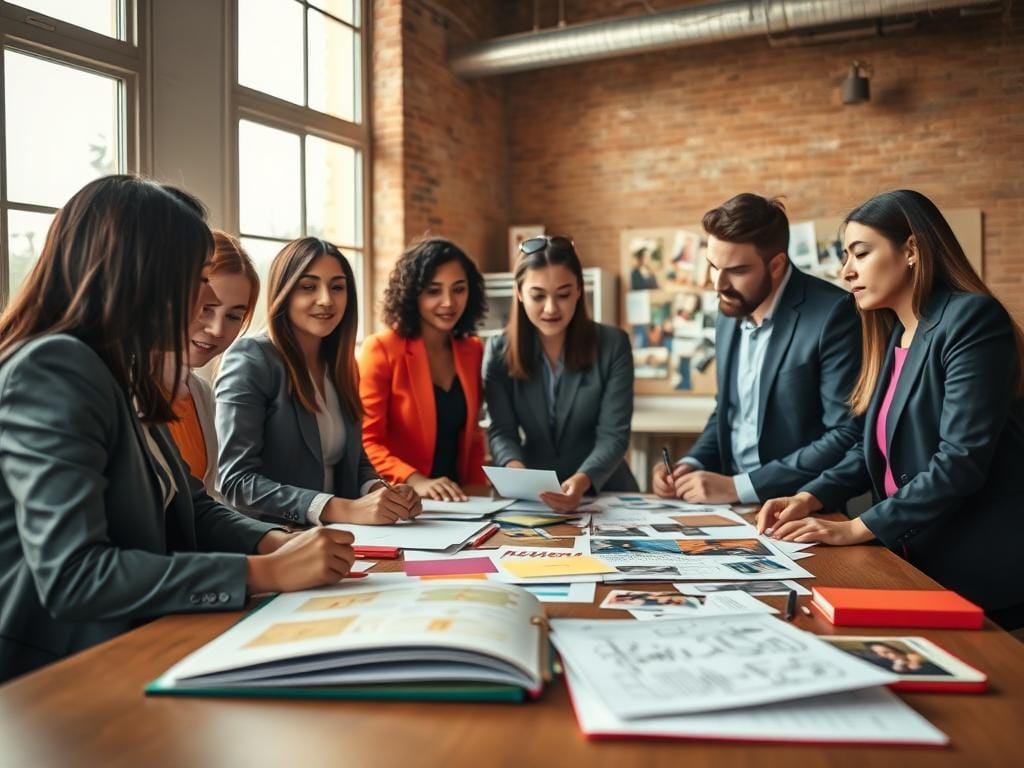 A visually striking storytelling photograph featuring a thoughtfully composed scene. In the foreground, a group of diverse individuals, dressed in professional business attire, engages in a lively discussion around a table filled with colorful materials, symbolizing creativity and collaboration. The middle ground showcases an array of vibrant elements, including an open notebook with sketches and a mood board adorned with images, enhancing the narrative quality. In the background, large windows flood the space with soft, natural light, casting gentle shadows and illuminating the details of the environment. The color palette harmonizes warm tones with pops of color to evoke a sense of inspiration and connection. Captured with a shallow depth of field to emphasize the subjects, the image conveys an atmosphere of creativity, inclusivity, and dynamic storytelling. Stay focused, Ray Baker. A visually striking storytelling photograph featuring a thoughtfully composed scene. In the foreground, a group of diverse individuals, dressed in professional business attire, engages in a lively discussion around a table filled with colorful materials, symbolizing creativity and collaboration. The middle ground showcases an array of vibrant elements, including an open notebook with sketches and a mood board adorned with images, enhancing the narrative quality. In the background, large windows flood the space with soft, natural light, casting gentle shadows and illuminating the details of the environment. The color palette harmonizes warm tones with pops of color to evoke a sense of inspiration and connection. Captured with a shallow depth of field to emphasize the subjects, the image conveys an atmosphere of creativity, inclusivity, and dynamic storytelling. Stay focused, Ray Baker.