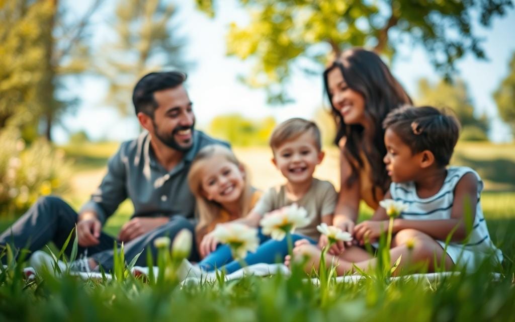 A warm and inviting family scene capturing trust in family photography. In the foreground, a diverse family of four joyfully interacting in a sunlit park — a father, mother, and two children laughing together while seated on a picnic blanket. The parents are dressed in casual yet neat attire, smiling, conveying a sense of warmth and connection. In the middle ground, a soft focus of blooming flowers adds a touch of nature, enhancing the feeling of a serene environment. The background features gentle greenery and a bright blue sky, suggesting a perfect day. The lighting is soft and natural, simulating a golden hour glow, which creates a nostalgic, heartfelt atmosphere. The composition uses a slightly angled perspective to draw viewers into the familial bond. Stay focused, Ray Baker.