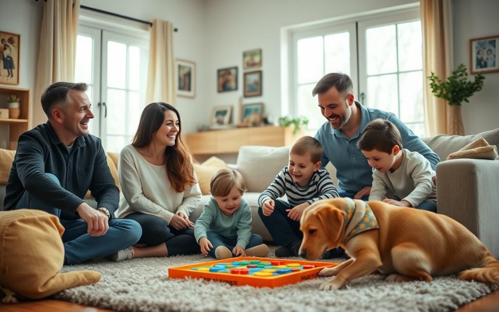 A warm and inviting family scene in a cozy living room, filled with soft, natural light pouring through large windows. In the foreground, a family of four sharing a lighthearted moment: parents laughing while their two children playfully engage with a colorful board game on a plush rug. The parents are dressed in smart casual attire, radiating love and warmth, while a family pet, like a golden retriever, playfully interacts with the kids. In the middle background, family photos and keepsakes adorn the walls, adding a personal touch, creating a genuine feeling of nostalgia. The atmosphere is light and joyful, evoking a sense of togetherness and storytelling, with a subtle, humorous vibe. The lens used captures a slightly angled view for depth, focusing on the family dynamics, with a soft bokeh effect. Stay focused, Ray Baker.