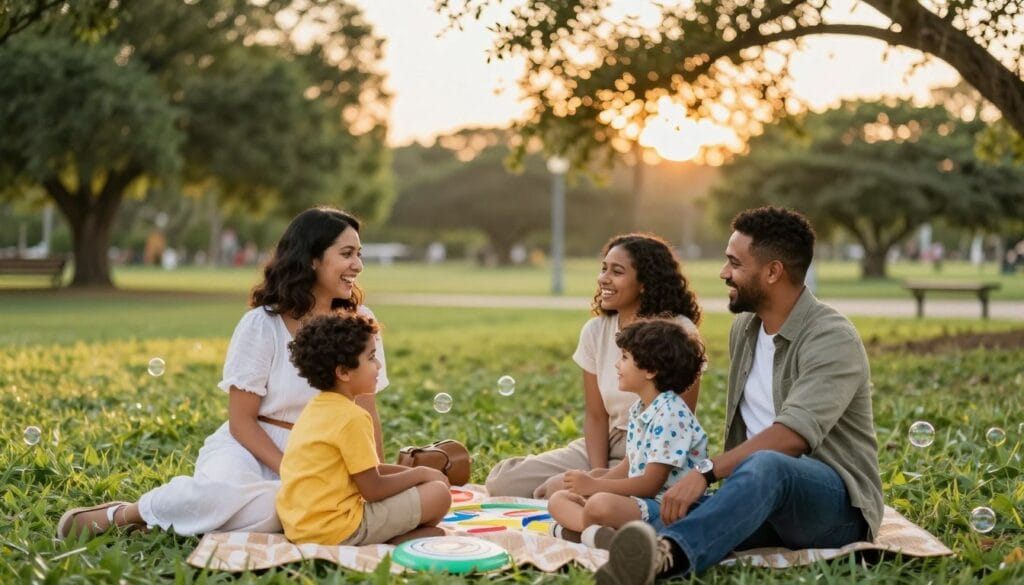 A warm, inviting family portrait session set in a sun-drenched park during the golden hour. In the foreground, a diverse family of four—parents in smart casual attire and two children in bright, playful outfits—laugh and interact naturally, capturing authentic emotions. The middle ground features lush greenery, a cozy picnic blanket with a soft texture, and scattered family games like a frisbee and bubbles. The background highlights softly blurred trees, reflecting the warm golden light of sunset. The lighting is soft and diffused, emphasizing natural skin tones and creating a tranquil atmosphere. The focus is on genuine connection and joy, framed visually to enhance the composition of the family dynamic. Stay focused, Ray Baker.