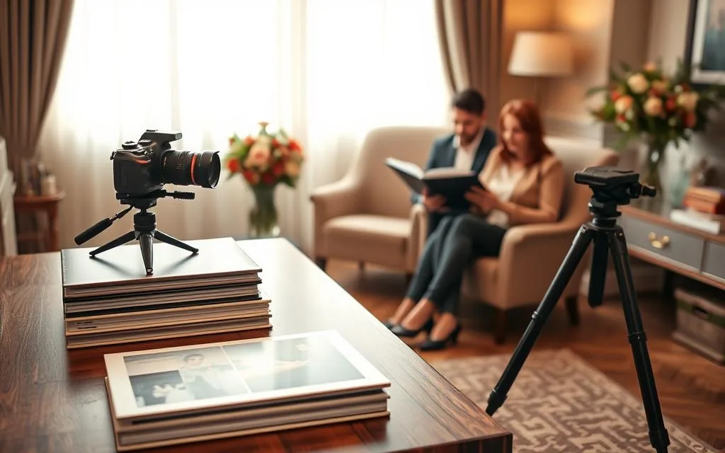 A warm, inviting office space set up for a wedding photography consultation. In the foreground, a stylish wooden table is adorned with a neat stack of photography portfolios, elegant sample albums, and a high-quality camera on a tripod, hinting at the photographer's professionalism. The middle ground features a comfortable chair opposite the table, where a couple, dressed in smart-casual attire, eagerly reviews the portfolios. The background showcases soft lighting from a large window, with delicate curtains letting in natural light, creating a calm atmosphere. Warm earth tones decorate the room, complemented by floral arrangements that convey joy and love. The overall mood is one of trust and anticipation, ideal for wedding planning. Stay focused, Ray Baker. A warm, inviting office space set up for a wedding photography consultation. In the foreground, a stylish wooden table is adorned with a neat stack of photography portfolios, elegant sample albums, and a high-quality camera on a tripod, hinting at the photographer's professionalism. The middle ground features a comfortable chair opposite the table, where a couple, dressed in smart-casual attire, eagerly reviews the portfolios. The background showcases soft lighting from a large window, with delicate curtains letting in natural light, creating a calm atmosphere. Warm earth tones decorate the room, complemented by floral arrangements that convey joy and love. The overall mood is one of trust and anticipation, ideal for wedding planning. Stay focused, Ray Baker.