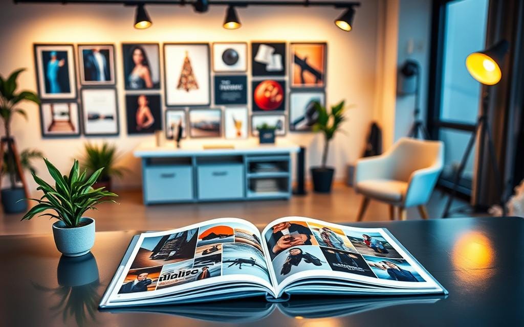 A well-designed workspace featuring a portfolio display of captivating photographs. In the foreground, a sleek table holds an open portfolio book with vibrant images of various small business brand shoots, showcasing professional product and lifestyle photography. The middle ground includes a stylish display wall with framed prints, highlighting diverse brands, and a small potted plant adding a touch of greenery. The background reveals a modern photography studio with soft, warm lighting creating an inviting atmosphere. A stylish chair sits nearby, emphasizing comfort and professionalism. The overall mood is engaging and inspiring, perfect for attracting small business clients. Ensure human subjects, if present, are dressed in professional business attire. Stay focused, Ray Baker.