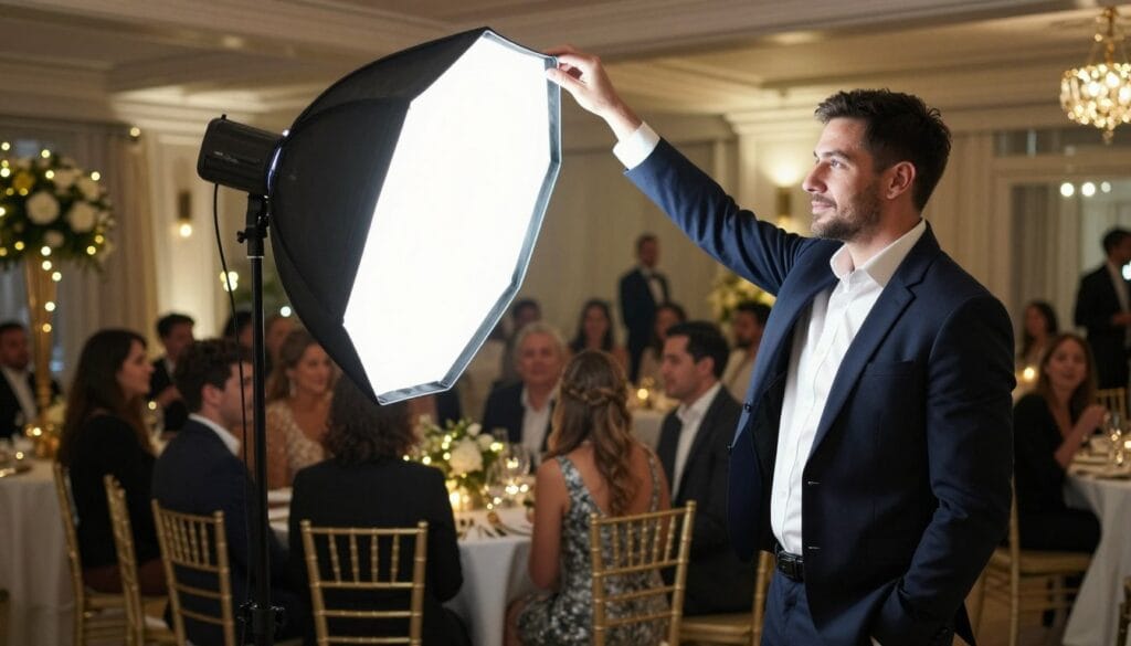 A well-equipped photographer, dressed in professional business attire, stands confidently in a beautifully lit indoor venue. In the foreground, the photographer is adjusting a softbox light, illuminating a small, intimate gathering of guests in the middle ground, who are engaged in lively conversation. The background features elegant decor, with twinkling fairy lights enhancing the warm atmosphere. The composition captures the essence of maximizing lighting techniques: the soft glow highlights the subjects’ faces, creating a welcoming ambiance. The image is angled slightly from above, showing both the photographer's thoughtful adjustments and the dynamic energy of the event. The overall mood is vibrant, showcasing the importance of lighting in capturing moments effectively. Stay focused, Ray Baker.