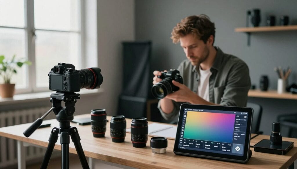 A well-organized photography workspace featuring a camera on a tripod, with various lenses placed nearby, all set against a backdrop of soft, diffused natural light filtering in through a large window. In the foreground, a gradient of camera settings displayed on a digital screen, showcasing parameters like aperture, shutter speed, and ISO. The middle area depicts a professional photographer adjusting camera settings, dressed in smart casual attire, intently focused on their equipment. In the background, a sleek photographic studio environment, with muted colors and neatly arranged photography props. The atmosphere exudes a calm and concentrated mood, emphasizing mastery and professionalism in photography. Stay focused, Ray Baker.