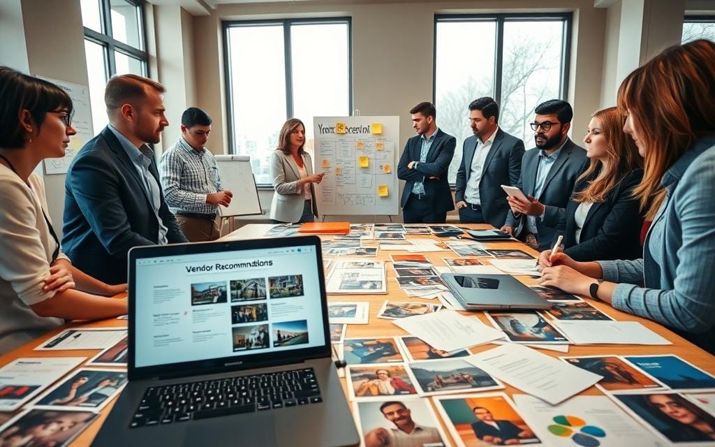 A well-organized workspace featuring a diverse group of professionals in smart casual attire, engaged in discussions around a large table strewn with photographs, vendor brochures, and planning materials. In the foreground, a laptop displays vendor recommendations prominently. The middle ground showcases a collaborative atmosphere, with one person pointing to a board filled with sticky notes and a timeline, while another takes notes. The background includes large windows letting in natural light, adding warmth and openness to the scene. The overall mood is productive and focused, conveying the meticulous planning process involved in leveraging vendor recommendations for a seamless workflow. Shot with a wide-angle lens to capture both the details and the environment. Stay focused, Ray Baker.