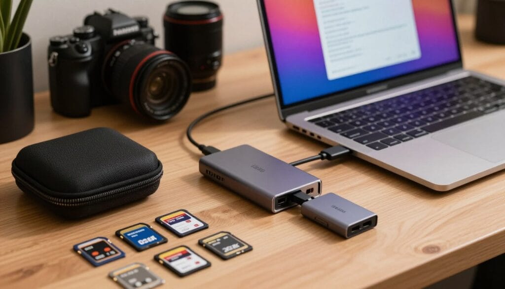 A well-organized workspace featuring essential memory card accessories for photographers. In the foreground, a variety of memory cards (SD, microSD) are displayed alongside a sleek card reader and a stylish carrying case. In the middle, a high-quality USB hub connects to the card reader, showcasing multiple ports, while a laptop with a vibrant screen displays photo files being transferred. The background features soft, blurred photography equipment such as a camera and lens, creating a photography enthusiast’s environment. Use warm, soft lighting to evoke a cozy, professional atmosphere that emphasizes attention to detail and organization. The angle should be slightly above eye-level, focusing on the accessories while giving a hint of the photographer's workspace. Stay focused, Ray Baker. A well-organized workspace featuring essential memory card accessories for photographers. In the foreground, a variety of memory cards (SD, microSD) are displayed alongside a sleek card reader and a stylish carrying case. In the middle, a high-quality USB hub connects to the card reader, showcasing multiple ports, while a laptop with a vibrant screen displays photo files being transferred. The background features soft, blurred photography equipment such as a camera and lens, creating a photography enthusiast’s environment. Use warm, soft lighting to evoke a cozy, professional atmosphere that emphasizes attention to detail and organization. The angle should be slightly above eye-level, focusing on the accessories while giving a hint of the photographer's workspace. Stay focused, Ray Baker.