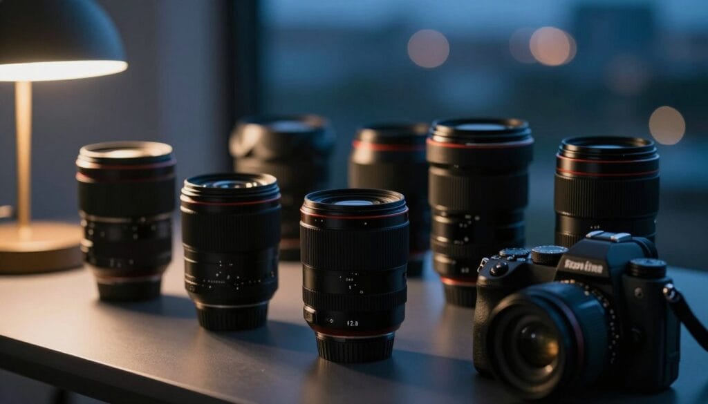 An array of photography lenses arranged artistically on a sleek, dark surface, showcasing prime and zoom lenses with wide apertures (f/1.4, f/2.8) prominently displayed. In the foreground, a professional camera body, with dials and buttons reflecting low light, evokes a sense of depth. The middle layer features soft, warm lighting emanating from a nearby lamp, creating gentle shadows that enhance the texture of the lenses. The background is blurred with a bokeh effect, suggesting twilight scenes or nighttime cityscapes. The atmosphere is calm and focused, inviting photographers to consider their lens choices for low light scenarios. The overall coloration contains deep blues and soft golds to create a moody yet inspiring ambiance. Stay focused, Ray Baker. An array of photography lenses arranged artistically on a sleek, dark surface, showcasing prime and zoom lenses with wide apertures (f/1.4, f/2.8) prominently displayed. In the foreground, a professional camera body, with dials and buttons reflecting low light, evokes a sense of depth. The middle layer features soft, warm lighting emanating from a nearby lamp, creating gentle shadows that enhance the texture of the lenses. The background is blurred with a bokeh effect, suggesting twilight scenes or nighttime cityscapes. The atmosphere is calm and focused, inviting photographers to consider their lens choices for low light scenarios. The overall coloration contains deep blues and soft golds to create a moody yet inspiring ambiance. Stay focused, Ray Baker.