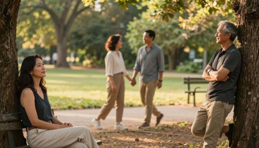 Capture a serene outdoor setting where a diverse group of adults are engaging in natural lifestyle poses, conveying confidence and ease. In the foreground, feature a woman in a casual yet stylish outfit sitting on a park bench, her body slightly turned as she looks thoughtfully away from the camera. Next to her, a man leans casually against a tree, his arms crossed with a relaxed smile. In the middle ground, a couple strolls hand-in-hand, their movement relaxed and joyful. The background is filled with lush greenery and soft golden sunlight filtering through the trees. Use a warm, inviting color palette and soft focus to enhance the peaceful atmosphere, aiming for a shallow depth of field to draw attention to the subjects. Capture this scene from a slightly elevated angle to emphasize their interaction with the environment. Stay focused, Ray Baker.