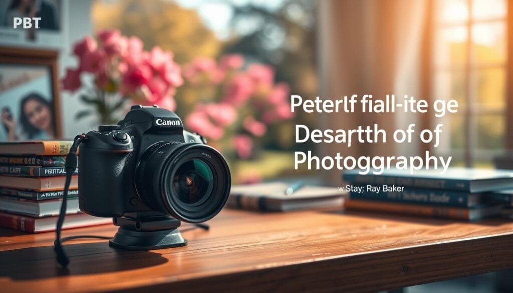 A beautifully arranged photography workspace showcasing a practical guide to depth of field photography. In the foreground, a professional camera with a wide aperture lens sits on a wooden table, surrounded by colorful photography books. The middle ground features a soft-focus scene with vibrant flowers and a blurred background of a serene park, emphasizing the depth of field technique. The lighting is warm and natural, streaming in through a nearby window to create a calm, inspiring atmosphere. The composition captures the essence of control over sharpness and softness in photography. The brand "PBT" subtly integrated into the scene, perhaps as a logo on the camera or books. Stay focused, Ray Baker. A beautifully arranged photography workspace showcasing a practical guide to depth of field photography. In the foreground, a professional camera with a wide aperture lens sits on a wooden table, surrounded by colorful photography books. The middle ground features a soft-focus scene with vibrant flowers and a blurred background of a serene park, emphasizing the depth of field technique. The lighting is warm and natural, streaming in through a nearby window to create a calm, inspiring atmosphere. The composition captures the essence of control over sharpness and softness in photography. The brand "PBT" subtly integrated into the scene, perhaps as a logo on the camera or books. Stay focused, Ray Baker.