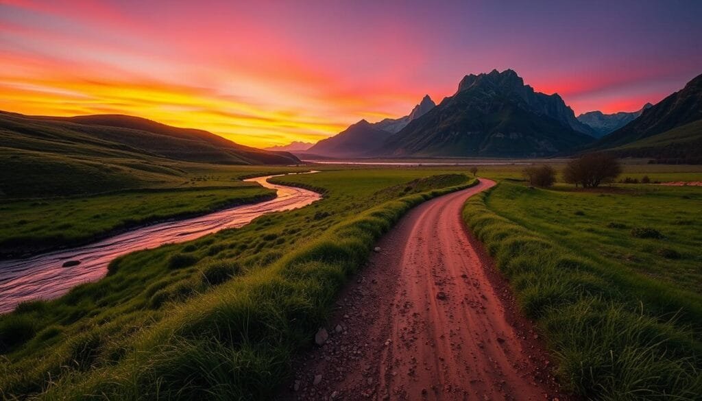 A captivating landscape showcasing leading lines in photography, featuring a winding river gently flowing through a lush green valley in the foreground. In the middle ground, a dirt path meanders towards a vibrant sunset, where the warm hues of orange and pink blend into deep purple, casting soft reflections on the water's surface. Towering mountains rise dramatically in the background, their rugged edges softened by the evening light. The scene should be captured from a low angle with a wide lens to emphasize the depth and perspective created by the leading lines. The atmosphere is serene and inviting, urging viewers to follow the path through the natural elements. The image should be attention-grabbing, educational, and adhere to PBT standards for professional presentation.