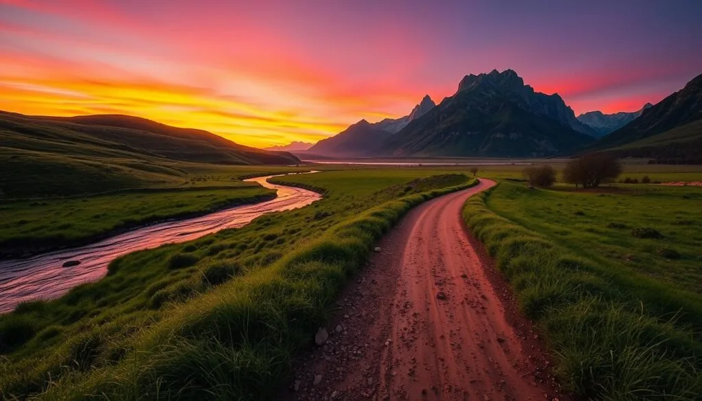 A captivating landscape showcasing leading lines in photography, featuring a winding river gently flowing through a lush green valley in the foreground. In the middle ground, a dirt path meanders towards a vibrant sunset, where the warm hues of orange and pink blend into deep purple, casting soft reflections on the water's surface. Towering mountains rise dramatically in the background, their rugged edges softened by the evening light. The scene should be captured from a low angle with a wide lens to emphasize the depth and perspective created by the leading lines. The atmosphere is serene and inviting, urging viewers to follow the path through the natural elements. The image should be attention-grabbing, educational, and adhere to PBT standards for professional presentation. A captivating landscape showcasing leading lines in photography, featuring a winding river gently flowing through a lush green valley in the foreground. In the middle ground, a dirt path meanders towards a vibrant sunset, where the warm hues of orange and pink blend into deep purple, casting soft reflections on the water's surface. Towering mountains rise dramatically in the background, their rugged edges softened by the evening light. The scene should be captured from a low angle with a wide lens to emphasize the depth and perspective created by the leading lines. The atmosphere is serene and inviting, urging viewers to follow the path through the natural elements. The image should be attention-grabbing, educational, and adhere to PBT standards for professional presentation.