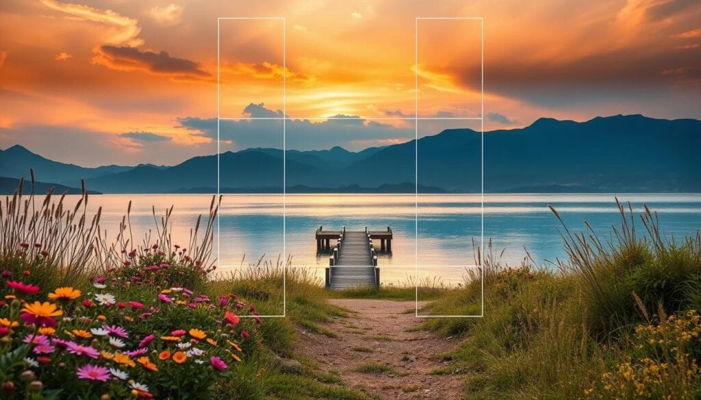 A captivating outdoor scene illustrating the concept of the Rule of Thirds and alternative grids in photography composition. In the foreground, a path lined with vibrant wildflowers leads the eye towards a distant mountain range, positioned on the right third of the image. In the middle ground, a serene lake reflects the sky, with a small wooden dock extending into the water, centered between the grid lines. The background features a dramatic sunset with warm hues, casting a soft glow over the landscape. Use natural, diffused lighting to enhance the scene's tranquil mood. Capture this composition with a wide-angle lens from a low angle, emphasizing depth and perspective. The image should feel harmonious and inviting, demonstrating the principles of effective composition in photography. PBT branding subtly incorporated. Stay focused, Ray Baker. A captivating outdoor scene illustrating the concept of the Rule of Thirds and alternative grids in photography composition. In the foreground, a path lined with vibrant wildflowers leads the eye towards a distant mountain range, positioned on the right third of the image. In the middle ground, a serene lake reflects the sky, with a small wooden dock extending into the water, centered between the grid lines. The background features a dramatic sunset with warm hues, casting a soft glow over the landscape. Use natural, diffused lighting to enhance the scene's tranquil mood. Capture this composition with a wide-angle lens from a low angle, emphasizing depth and perspective. The image should feel harmonious and inviting, demonstrating the principles of effective composition in photography. PBT branding subtly incorporated. Stay focused, Ray Baker.
