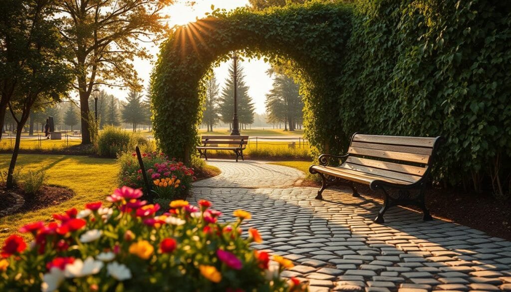 A captivating outdoor scene showcasing leading lines photography, featuring a winding path of cobblestones that draws the viewer's eye toward an inviting archway clothed in vibrant green vines. In the foreground, a small flower garden bursts with colorful blooms, subtly framing the path. The middle ground presents a rustic wooden bench placed elegantly along the pathway, positioned to encourage exploration. The background reveals a sun-drenched park with tall trees and a distant horizon, creating depth. Use warm, golden lighting to evoke a serene atmosphere, simulating the late afternoon sun. The composition should be shot from a low angle, akin to a wide-angle lens perspective to emphasize the leading lines. The image should embody PBT brand values of creativity and inspiration, with no visible text or watermarks. Stay focused, Ray Baker.