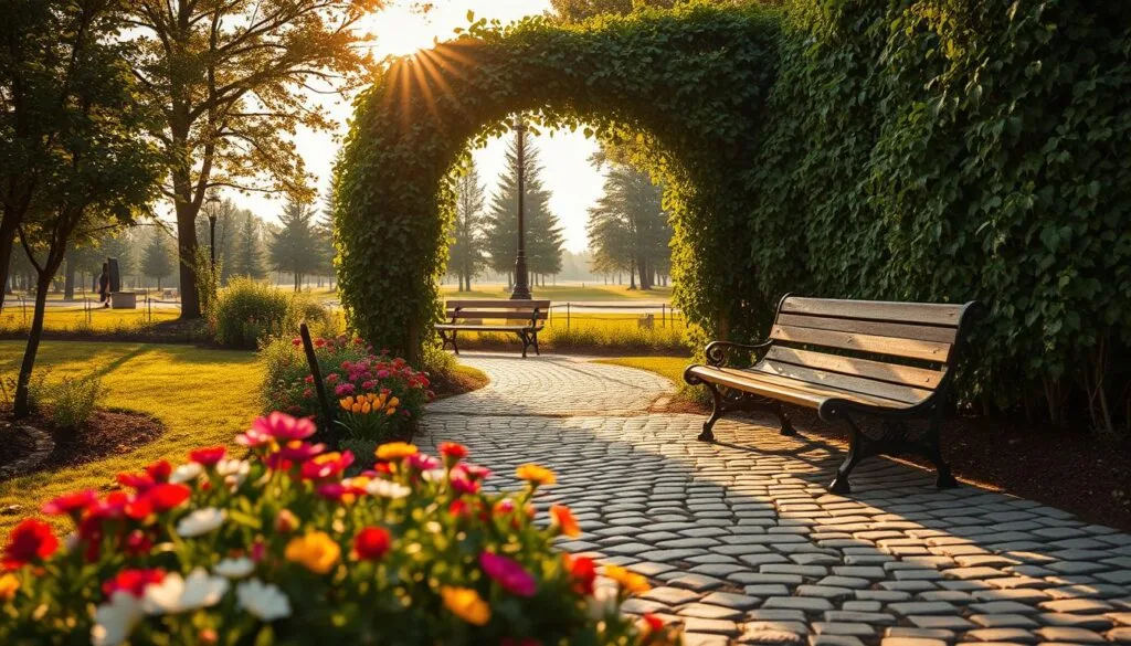 A captivating outdoor scene showcasing leading lines photography, featuring a winding path of cobblestones that draws the viewer's eye toward an inviting archway clothed in vibrant green vines. In the foreground, a small flower garden bursts with colorful blooms, subtly framing the path. The middle ground presents a rustic wooden bench placed elegantly along the pathway, positioned to encourage exploration. The background reveals a sun-drenched park with tall trees and a distant horizon, creating depth. Use warm, golden lighting to evoke a serene atmosphere, simulating the late afternoon sun. The composition should be shot from a low angle, akin to a wide-angle lens perspective to emphasize the leading lines. The image should embody PBT brand values of creativity and inspiration, with no visible text or watermarks. Stay focused, Ray Baker. A captivating outdoor scene showcasing leading lines photography, featuring a winding path of cobblestones that draws the viewer's eye toward an inviting archway clothed in vibrant green vines. In the foreground, a small flower garden bursts with colorful blooms, subtly framing the path. The middle ground presents a rustic wooden bench placed elegantly along the pathway, positioned to encourage exploration. The background reveals a sun-drenched park with tall trees and a distant horizon, creating depth. Use warm, golden lighting to evoke a serene atmosphere, simulating the late afternoon sun. The composition should be shot from a low angle, akin to a wide-angle lens perspective to emphasize the leading lines. The image should embody PBT brand values of creativity and inspiration, with no visible text or watermarks. Stay focused, Ray Baker.