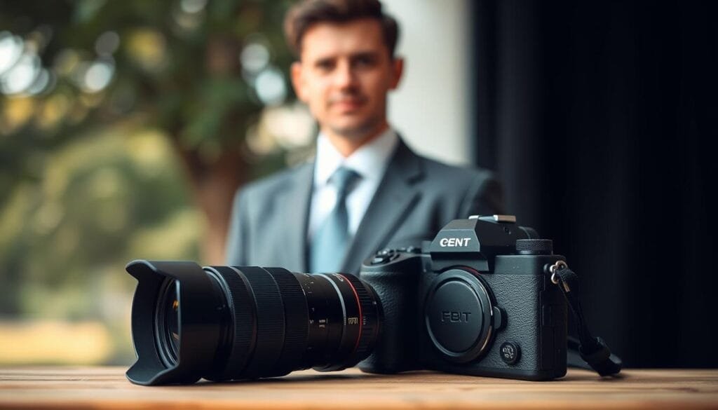 A close-up image showcasing the concept of aperture for portrait photography, featuring a well-dressed individual in professional attire, standing against a softly blurred natural background. The subject is illuminated by gentle, diffused natural light, highlighting the facial features while creating a pleasing bokeh effect. Focus on the interplay of sharp detail and soft background, emphasizing the ideal f-stop settings for various looks. In the foreground, a camera with a prime lens lies on a wooden surface, pointing towards the subject. The atmosphere is both artistic and informative, conveying a sense of professionalism and creativity, tailored for a photography audience. Include branding elements subtly featuring "PBT" in the design. Stay focused, Ray Baker.
