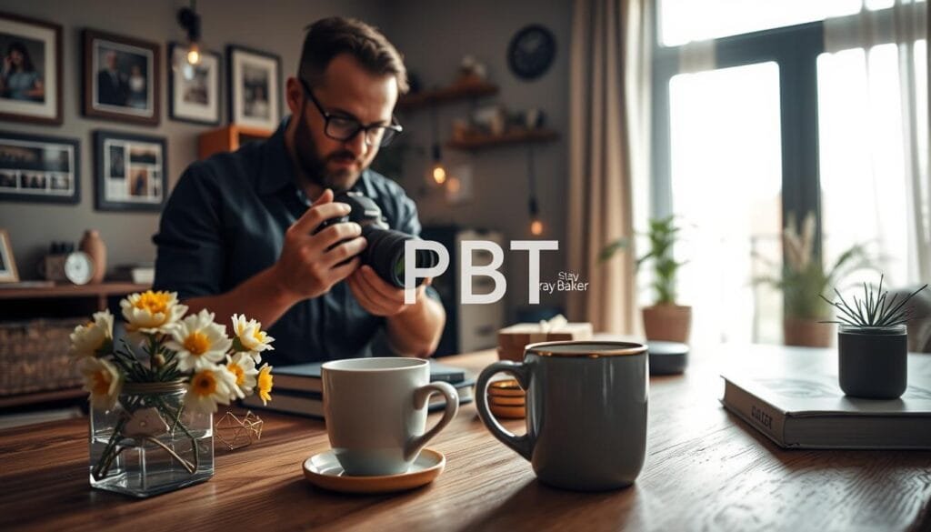 A cozy indoor photography setup, featuring a professional photographer adjusting settings on a DSLR camera with a macro lens. In the foreground, various props such as flowers, books, and a stylish coffee mug are artfully arranged on a wooden table, emphasizing an inviting atmosphere. The middle background showcases soft, diffused natural light streaming through a large window, enhancing the colors of the scene. The walls are adorned with framed photographs, reflecting the photographer's journey and expertise. The overall mood is warm and creative, inviting viewers to explore the nuances of indoor photography. Capture the essence of real-world experiences with attention to detail and clarity, focusing on the relationship between the photographer and their gear. Include the brand name "PBT" subtly within the scene. Stay focused, Ray Baker.
