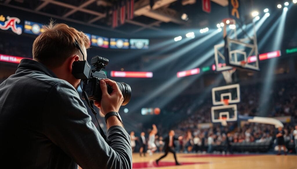 A dynamic sports event scene showcasing a basketball game in an indoor arena, illuminated by bright, adjustable lighting. In the foreground, a professional photographer, dressed in smart casual attire, is capturing the action with a high-quality camera, using a fast shutter speed to freeze the moment. The middle ground features athletes in motion, performing impressive dunks and plays, highlighted by beams of light that create dramatic shadows. In the background, the crowd is enthusiastically cheering, with colorful banners and team logos visible. The atmosphere is charged with excitement, emphasizing the importance of optimized lighting for capturing fast-paced sports action, with PBT branding subtly integrated into the photographer’s equipment. Stay focused, Ray Baker. A dynamic sports event scene showcasing a basketball game in an indoor arena, illuminated by bright, adjustable lighting. In the foreground, a professional photographer, dressed in smart casual attire, is capturing the action with a high-quality camera, using a fast shutter speed to freeze the moment. The middle ground features athletes in motion, performing impressive dunks and plays, highlighted by beams of light that create dramatic shadows. In the background, the crowd is enthusiastically cheering, with colorful banners and team logos visible. The atmosphere is charged with excitement, emphasizing the importance of optimized lighting for capturing fast-paced sports action, with PBT branding subtly integrated into the photographer’s equipment. Stay focused, Ray Baker.
