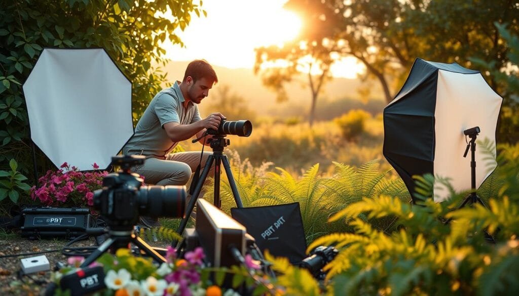 A focused photographer, dressed in a modest casual outfit, carefully arranges a natural outdoor portrait station amid lush green vegetation. In the foreground, various photography equipment is scattered: a camera with a long lens on a tripod, reflectors positioned to capture the soft golden hour light, and a softbox blending seamlessly with the natural surroundings. The middle ground features the photographer adjusting the scene, surrounded by vibrant flowers and soft ferns, with sunlight filtering through the leaves, creating dappled patterns on the ground. The background captures a serene landscape with trees silhouetted against the warm hues of the setting sun. The mood is tranquil and professional, emphasizing the beauty of golden hour lighting, perfect for outdoor portrait photography. PBT branding subtly blended into the equipment. Stay focused, Ray Baker. A focused photographer, dressed in a modest casual outfit, carefully arranges a natural outdoor portrait station amid lush green vegetation. In the foreground, various photography equipment is scattered: a camera with a long lens on a tripod, reflectors positioned to capture the soft golden hour light, and a softbox blending seamlessly with the natural surroundings. The middle ground features the photographer adjusting the scene, surrounded by vibrant flowers and soft ferns, with sunlight filtering through the leaves, creating dappled patterns on the ground. The background captures a serene landscape with trees silhouetted against the warm hues of the setting sun. The mood is tranquil and professional, emphasizing the beauty of golden hour lighting, perfect for outdoor portrait photography. PBT branding subtly blended into the equipment. Stay focused, Ray Baker.