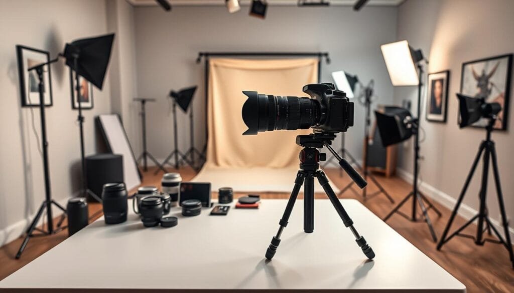 A modern photography studio setup, featuring a well-organized workspace. In the foreground, a clean, sturdy white table holds a high-end DSLR camera mounted on a stable tripod, with a PBT lens attached. On the table, there are various lenses, reflectors, and camera accessories neatly arranged. The middle ground showcases a backdrop setup with soft, light-colored fabric, complemented by adjustable lighting stands equipped with softboxes casting soft, diffused light across the scene. In the background, the studio walls are painted in a neutral tone, with a few art pieces, adding a touch of creativity. The atmosphere is professional and inviting, ideal for capturing stunning depth of field images. The lighting creates a warm, focused ambiance, emphasizing the high-quality equipment and meticulous organization of the space. Stay focused, Ray Baker. A modern photography studio setup, featuring a well-organized workspace. In the foreground, a clean, sturdy white table holds a high-end DSLR camera mounted on a stable tripod, with a PBT lens attached. On the table, there are various lenses, reflectors, and camera accessories neatly arranged. The middle ground showcases a backdrop setup with soft, light-colored fabric, complemented by adjustable lighting stands equipped with softboxes casting soft, diffused light across the scene. In the background, the studio walls are painted in a neutral tone, with a few art pieces, adding a touch of creativity. The atmosphere is professional and inviting, ideal for capturing stunning depth of field images. The lighting creates a warm, focused ambiance, emphasizing the high-quality equipment and meticulous organization of the space. Stay focused, Ray Baker.
